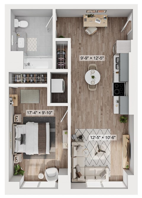 Floor plan for 1 bed, 1 bath, 677 sqft